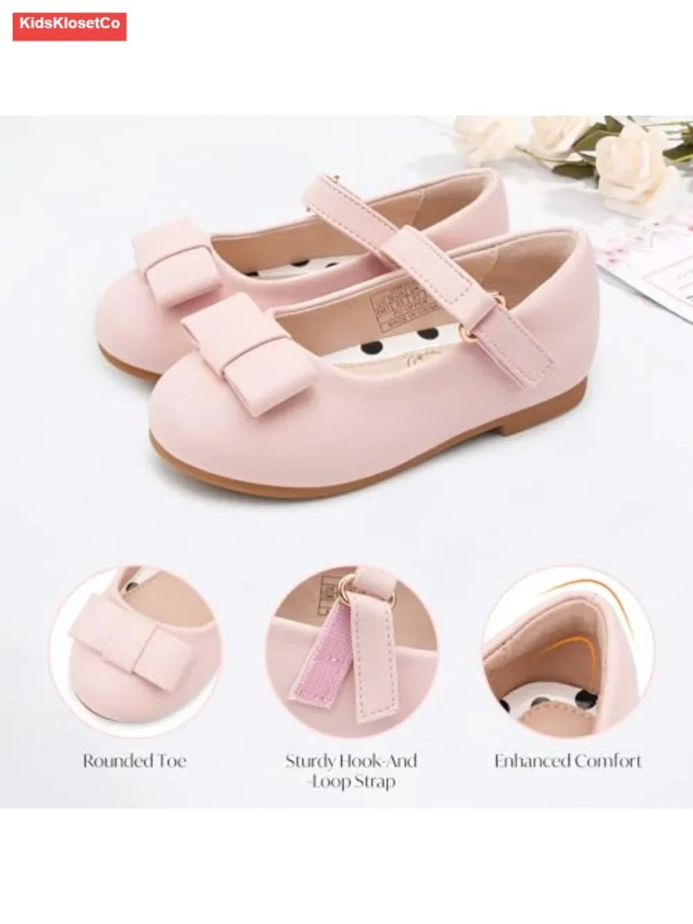 Girls Mary Jane Flats with Bow Faux Leather Hook & Loop Dress Shoes